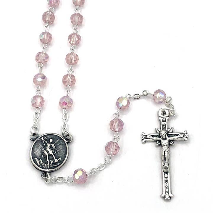 RM Trading - Wholesale Prayer Beads Necklace - St. Michael Rosary Pink Crystal Beads