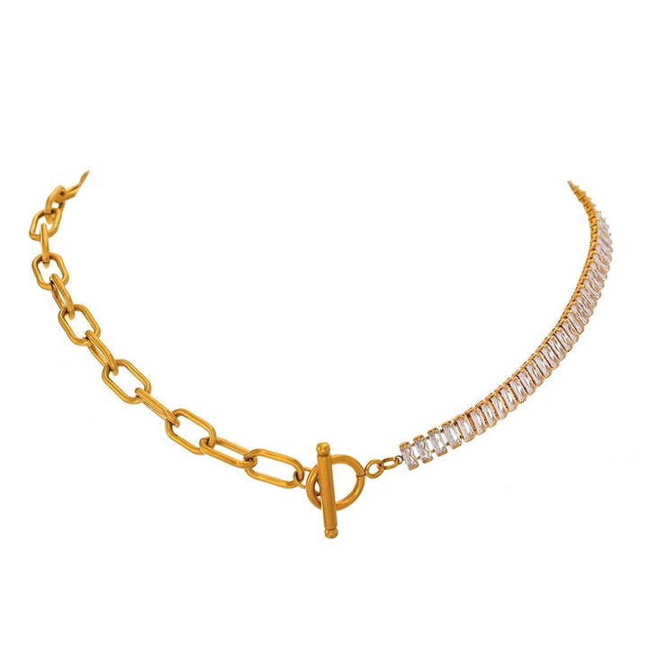 MeloMelo - Wholesale Link & Chain Necklace - Half Crystal Half Chain Toggle Necklace