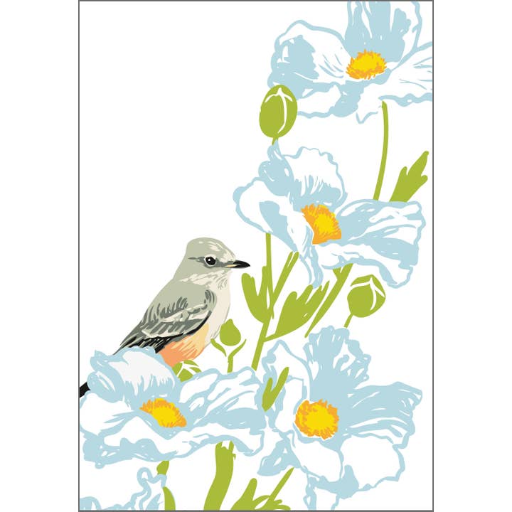 Impression d'art d'oiseau Say's Phoebe et de fleur de pavot de Matilija pour la vente par Rigel Paper