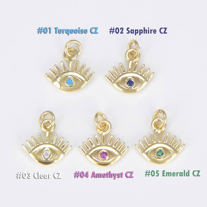 Dainty Colorful CZ Gold Evil Eye Charm with Eyelash, CP1485 for wholesale by Beads Creation