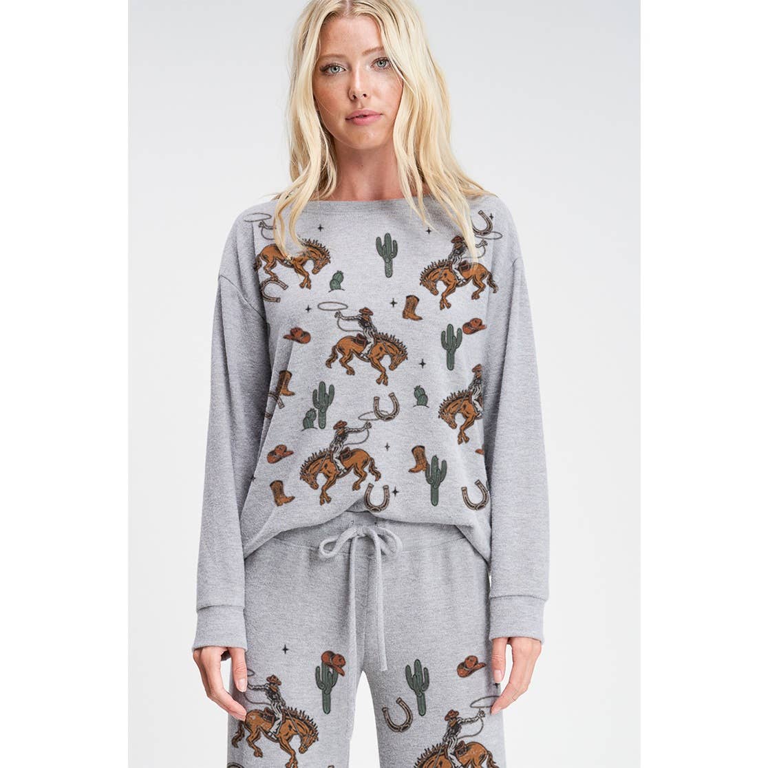 Phil Love - Wholesale Lounge Set - Women's - Cowgirl cactus print soft brushed loungewear set 0