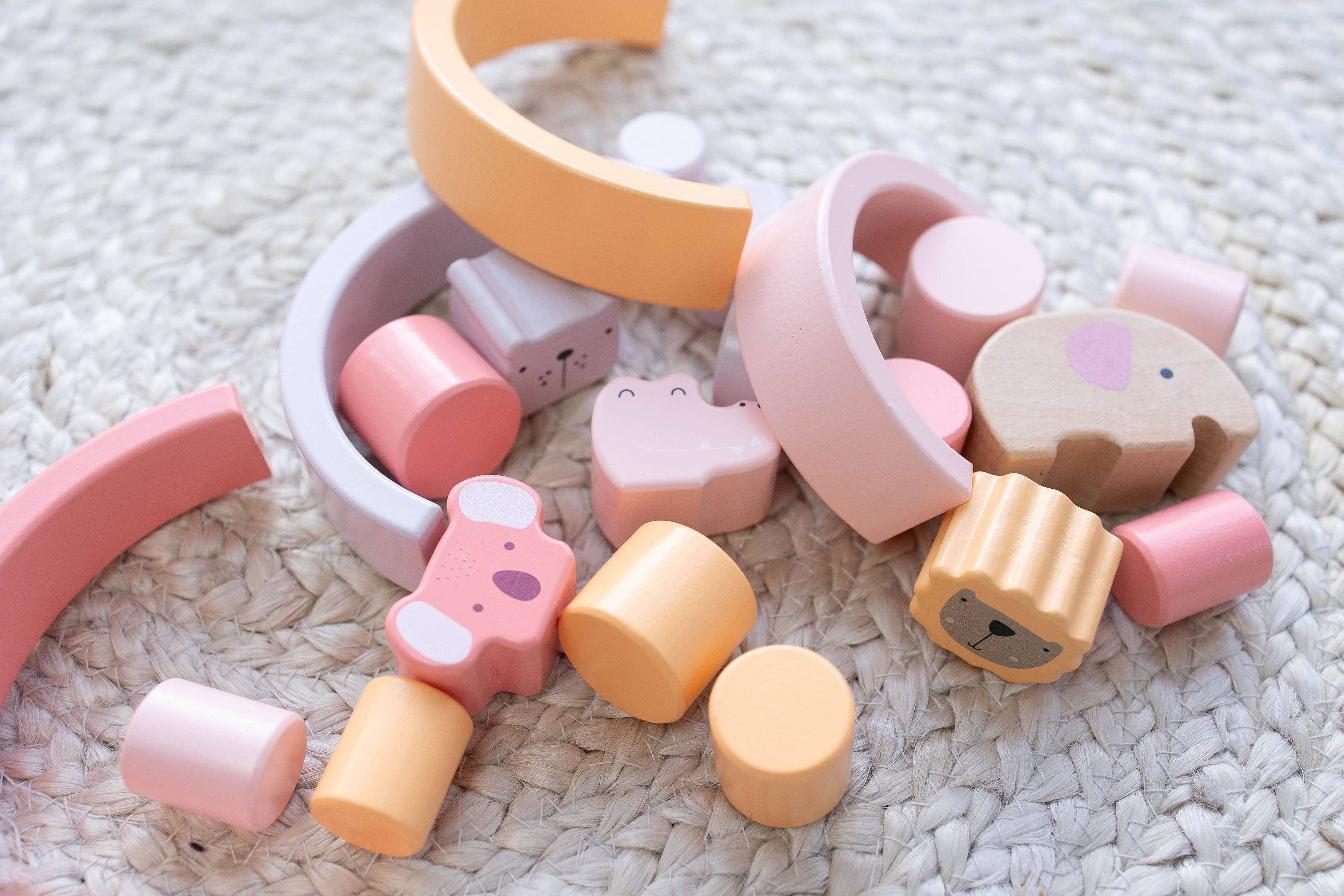 Spirit 'N Sprout - Wholesale Stacking Rings Game - Baby - Pink Animal Stacking Set - 21 Pieces included with Storage Bag - Wooden Rainbow Stacker Gift for Girls9
