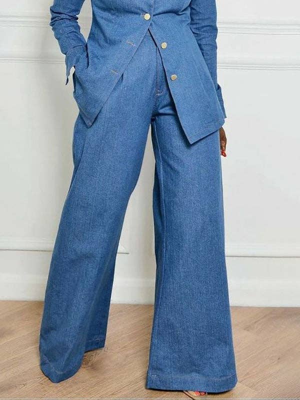 DENIM BLUE High-Waisted Jeans with Pockets and Lapel Blouse Sets for wholesale on Faire1