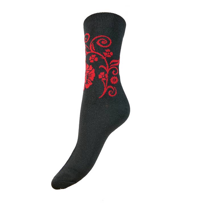 Black and red floral Bamboo socks for wholesale by GEMJAR LTD