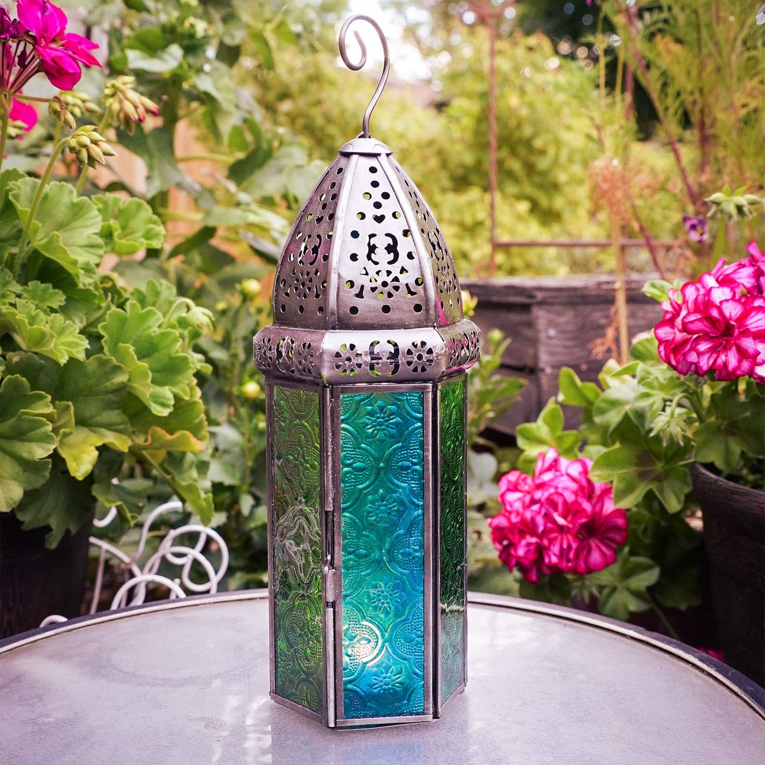 In the Breeze, LLC. - Wholesale Candle Holder - Large Teal & Green Hex Glass Tealight Lantern1