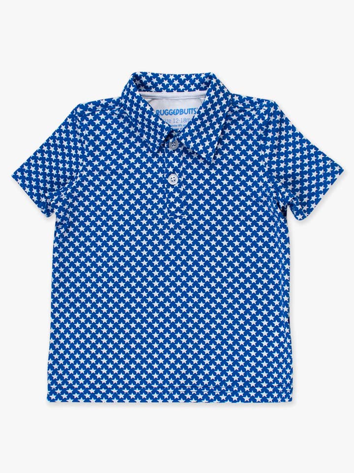 RuffleButts + RuggedButts - Wholesale Athletic Top - Kids - Boys Tiny Blue Stars Knit Short Sleeve Performance Polo