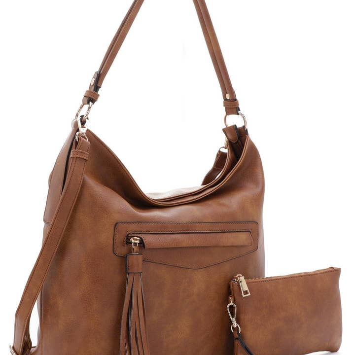 MiMi Wholesale - Wholesale Shoulder Bag - Women's - FC20495 Eliza Front Tassel Pocket 2 in 1 Hobo Shoulder Bag S10