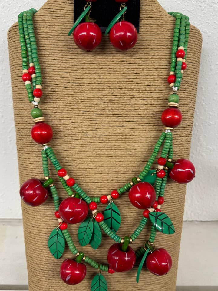 THREE STRANDS GREEN COCO WOOD BEADS WITH RED CHERRIES NECKLA for wholesale by International Duru's