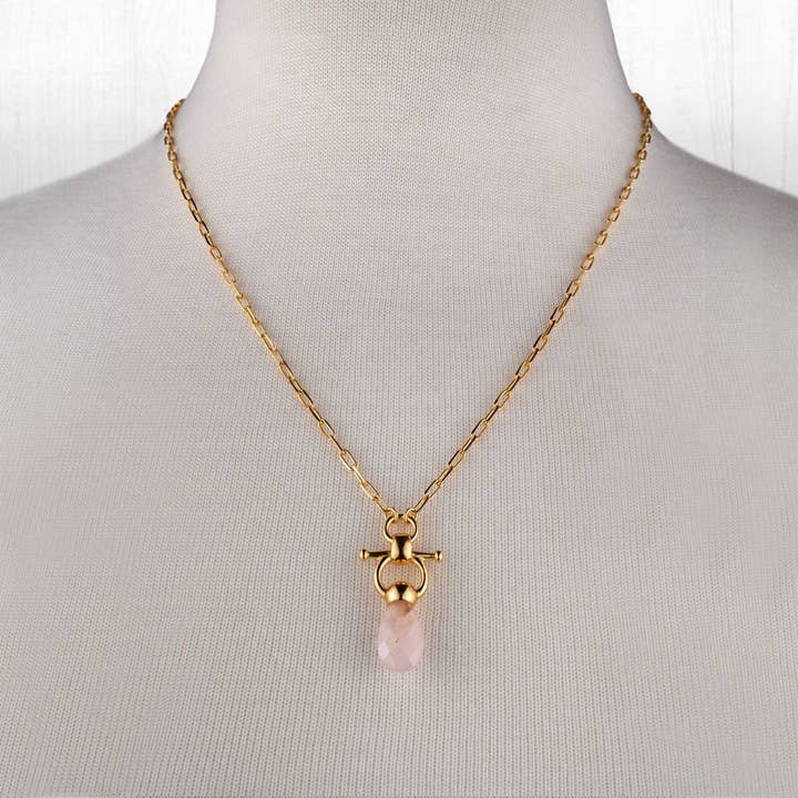 URBAN-EQUESTRIAN - Wholesale Dangle Earrings - Droplette - Rose Quartz Horse Bit Equestrian Earring in Gold3