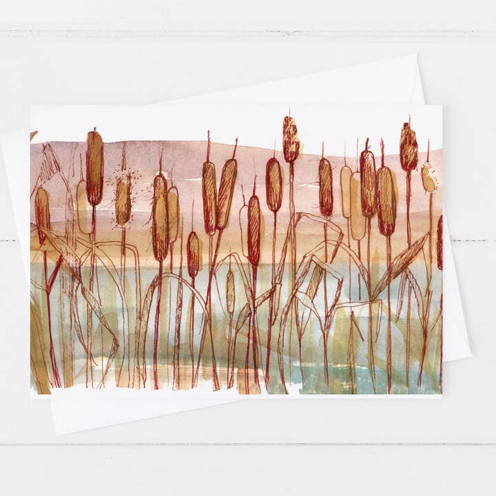Cattails Desert Lake Stillwater Watercolor Greeting Card for wholesale by Rugosa & Pine