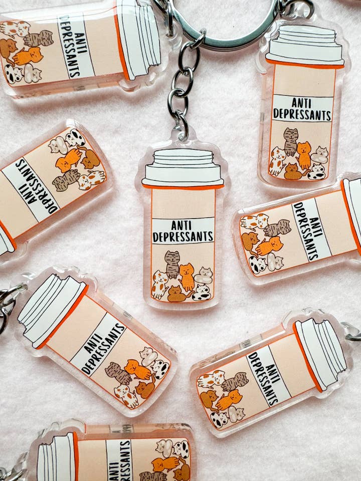 Cat Pill Bottle Keychain for wholesale by Our Cheery Corner