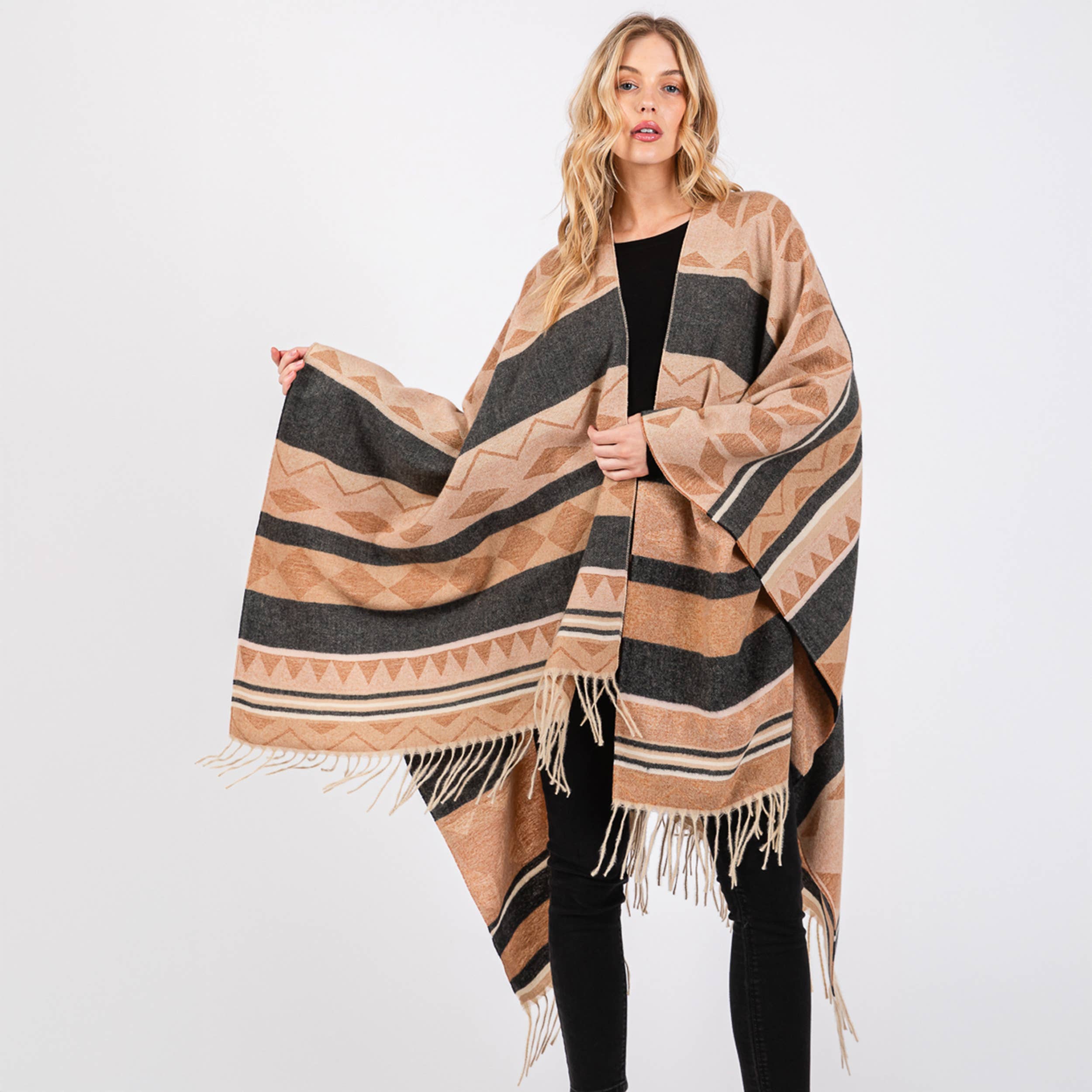 Hana – wholesale Kimono – Women's – Aztec Pattern with Fringe Ruana Winter Kimono1