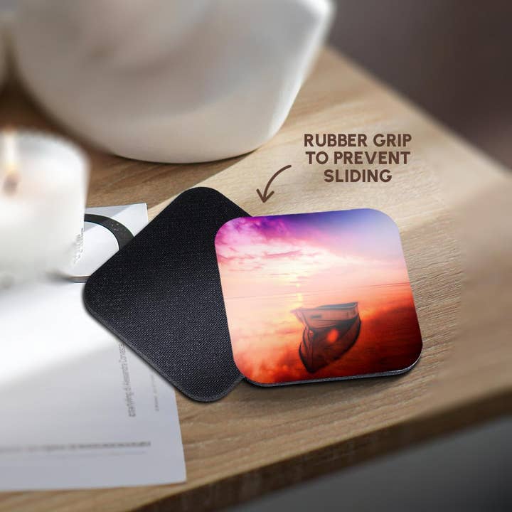 3dRose – wholesale Underlägg – 3dRose, Färgglad bild av ljusinfunderad båt på vattnet konst, underlägg10