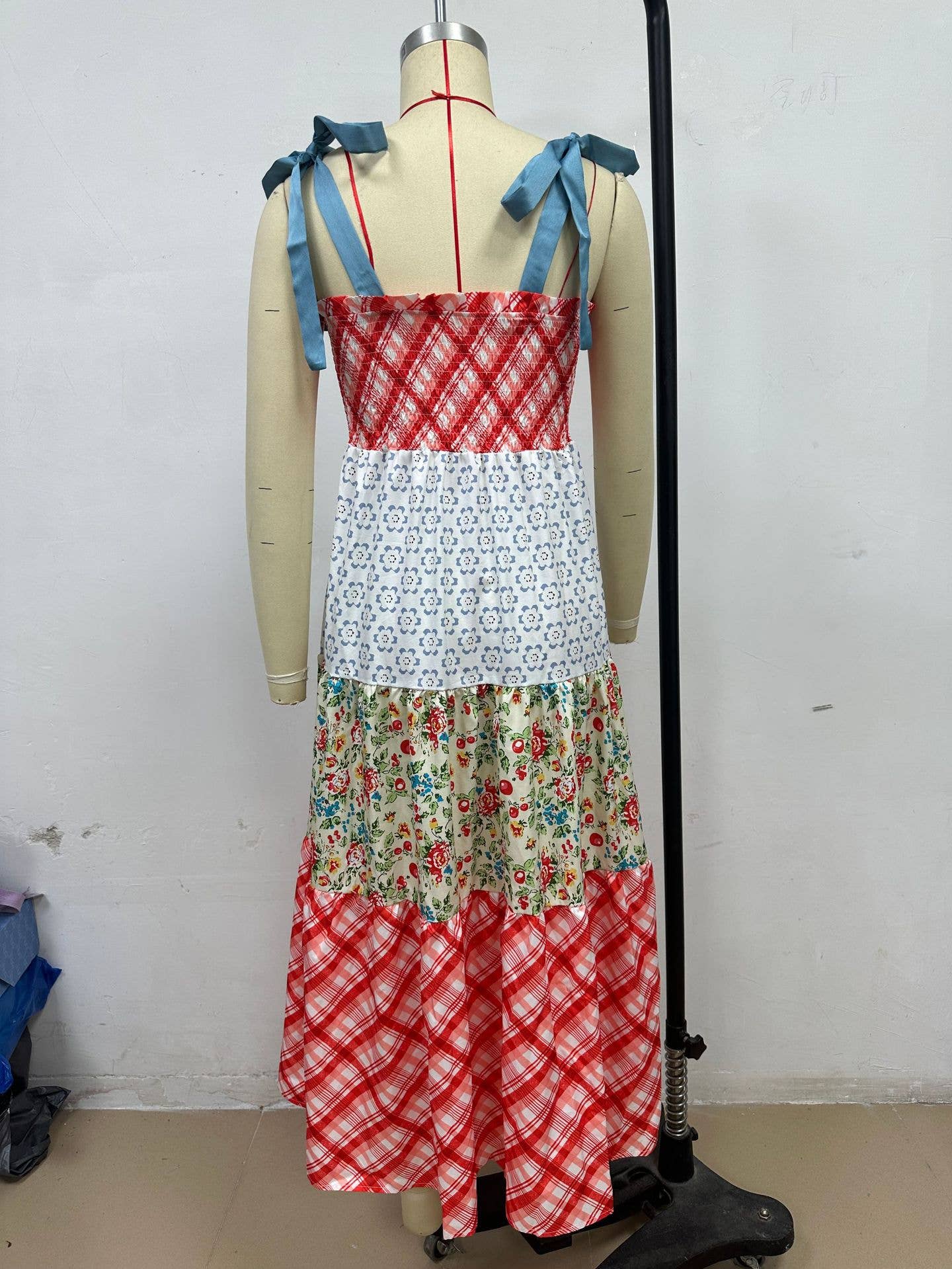 Rosa Clothing - Wholesale Dress - Women's - Gingham Floral patchwork playful bow strap tiered maxi dress3