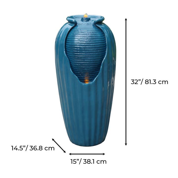 Contemporary Vase Water Fountain with LED Lights, Blue for wholesale on Faire