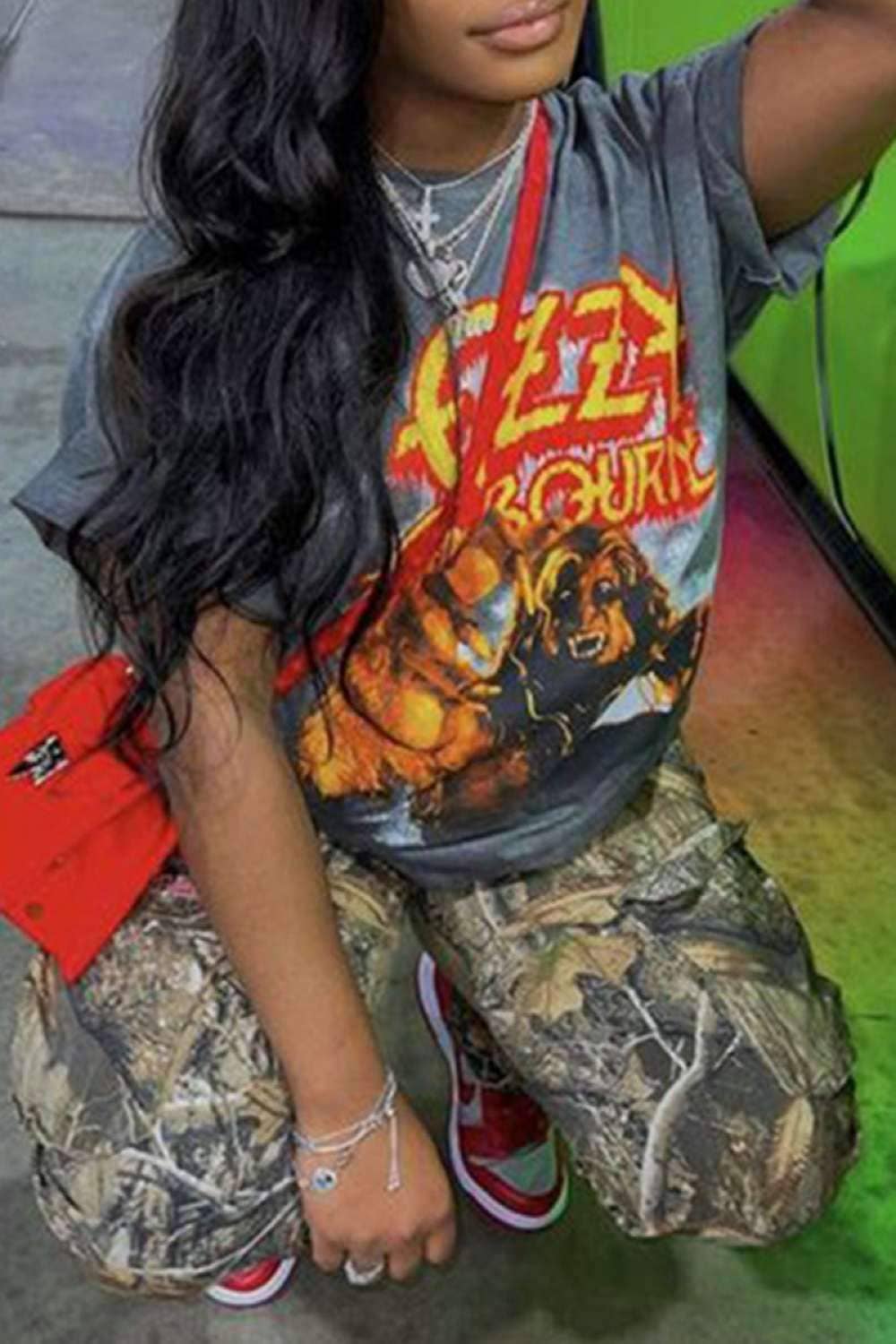 DARK GREY fashion casual print patchwork o neck t shirts for wholesale on Faire1