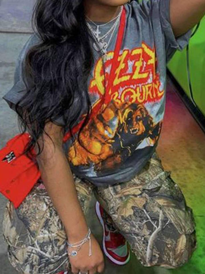 DARK GREY fashion casual print patchwork o neck t shirts for wholesale on Faire1