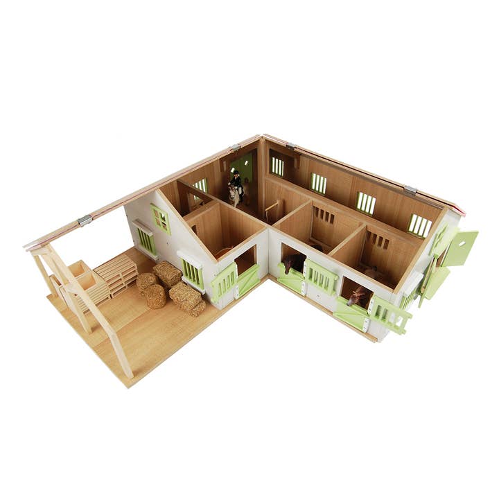 American Hobbies & Merchandising - Wholesale Wood Toy - Kids - Kids Globe 1:24 Scale Wood Horse stable Toy W/ 4 Stalls Pink