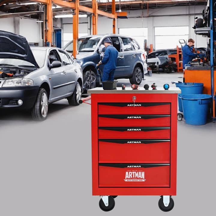 Red Black 5 Drawer Rolling Tool Cart & Stainless Steel Top for wholesale by HOMYCASA DESIGN INC