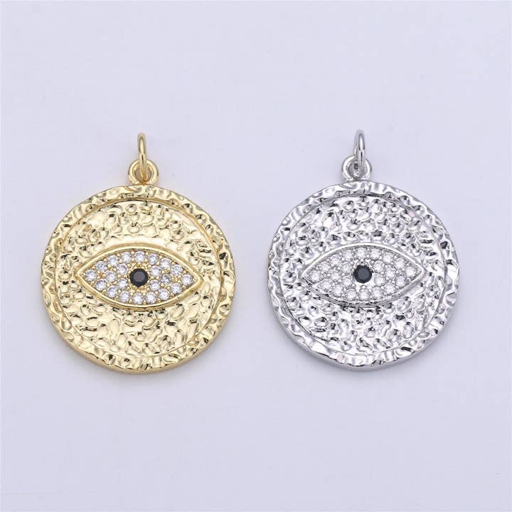 Gold Evil Eye Textured Coin Charm, 27mmX21mm Micro Pave Coin Charm CZ Coin, Eye of Ra Drop Pendant, Rugged Coin Medallion Charm, C-913 for wholesale by Aim Eternal