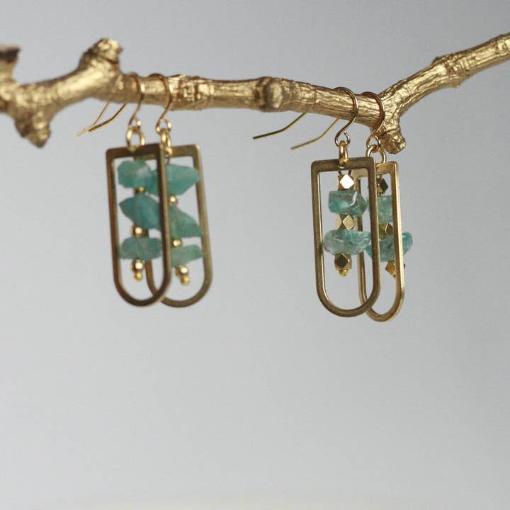 Crystal and Brass Earrings | Natural Apatite Crystal for wholesale by Kaiko Studio