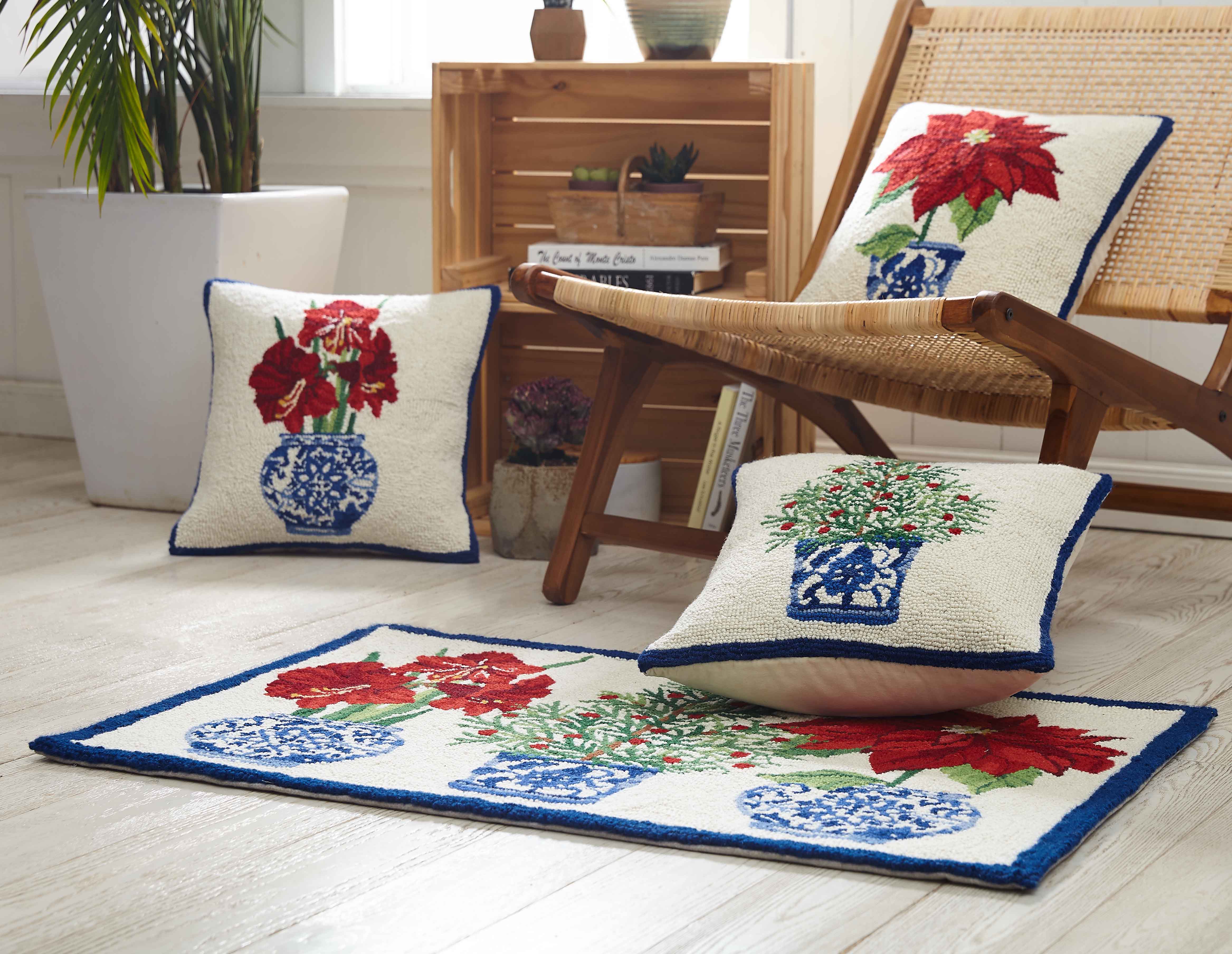 Peking Handicraft - Wholesale Throw/Decorative Pillow - Holiday Chinoiserie Poinsettia Hook Pillow - Sally Eckman Roberts2