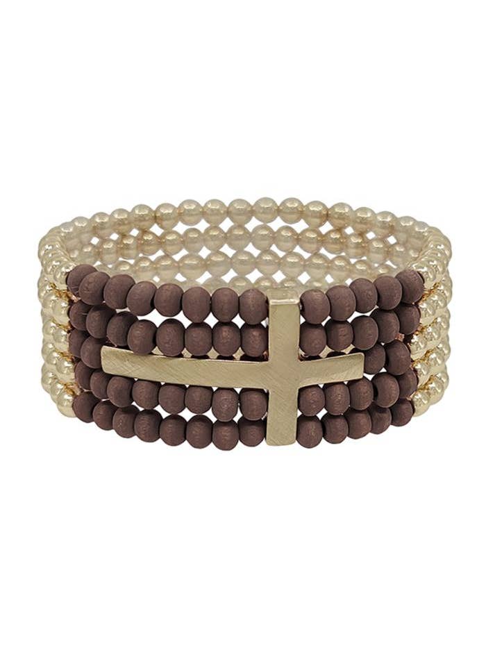 5 STRAND CROSS METAL ACCENT WOOD BRACELET 18 for wholesale by anbfashion