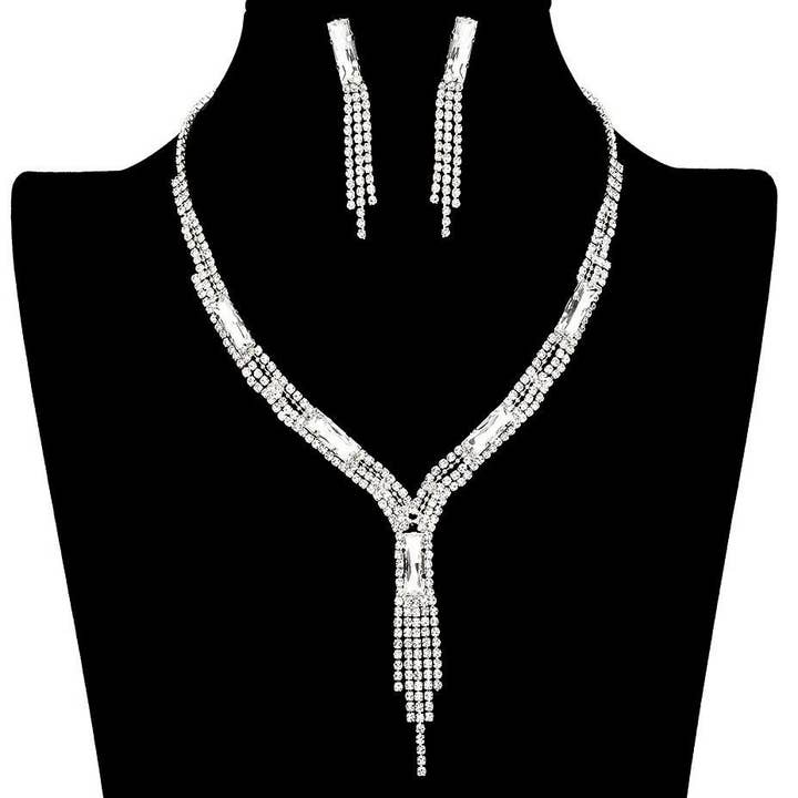 Diacly - Wholesale Jewelry Set - Rectangle Tassel Lines Rhinestone Necklace Set2