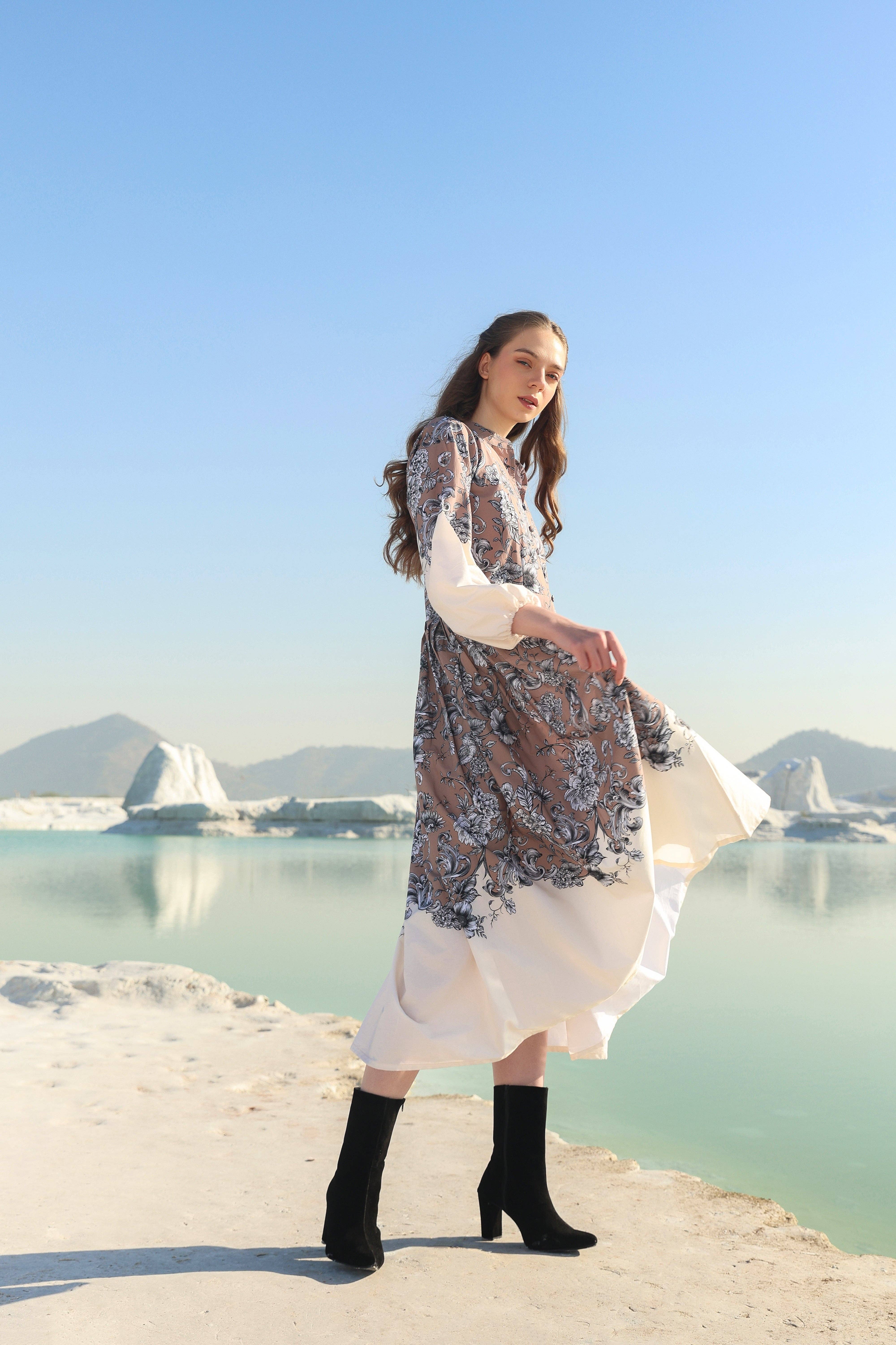 Brown Cocoa floral tier Midi dress for wholesale on Faire4