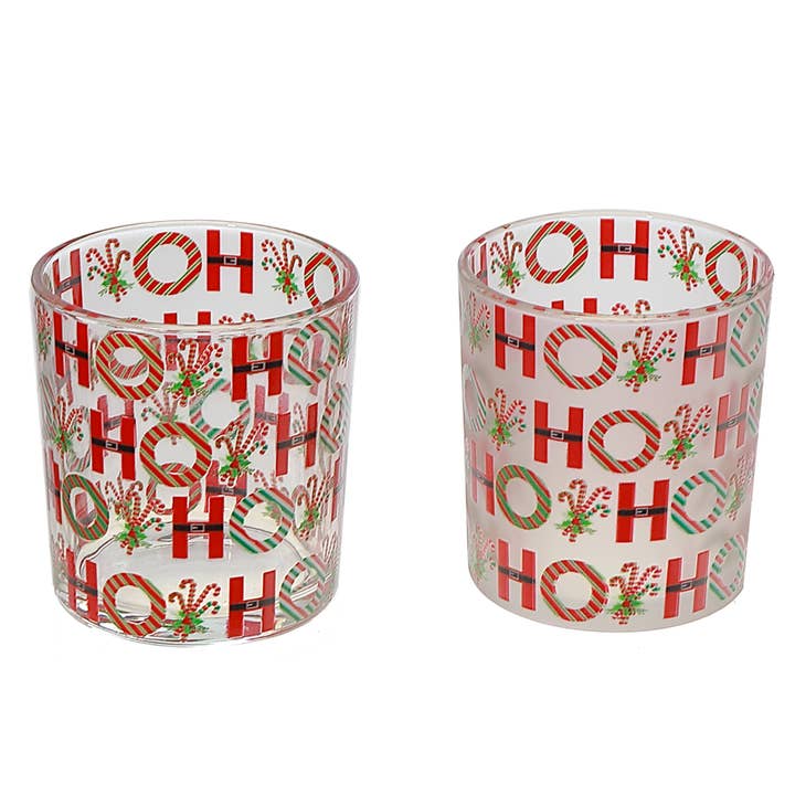 GLASS TEALIGHT HOLDERS WITH DECAL (HO HO HO) (ASSTD) for wholesale by IH Casa Decor