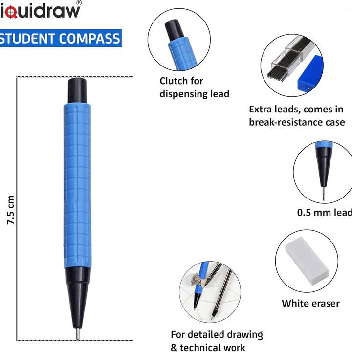 Liquidraw - Wholesale Pencil - Liquidraw Metal Compass & 0.5mm 2B Pencil Set | Ideal for Maths & Geometry | School Student Essential | Professional Quality, Great for Technical Drawing | Smooth & Accurate Radius Adjustment2