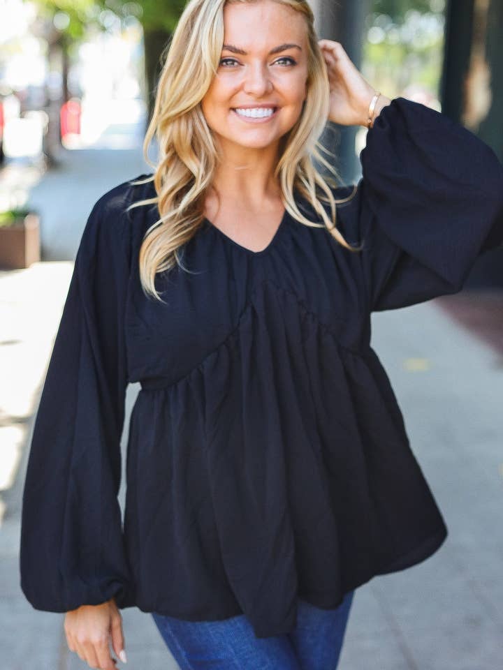 Zwarte dik geweven top met babydoll-design voor wholesale door Promenade