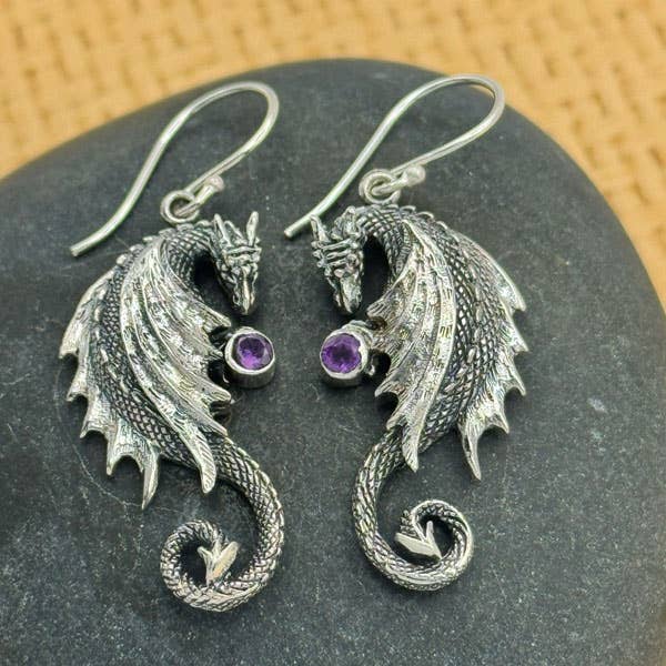 Sterling Silver Dragon Holding a Gemstone Earrings for wholesale by Goddess Design Studio