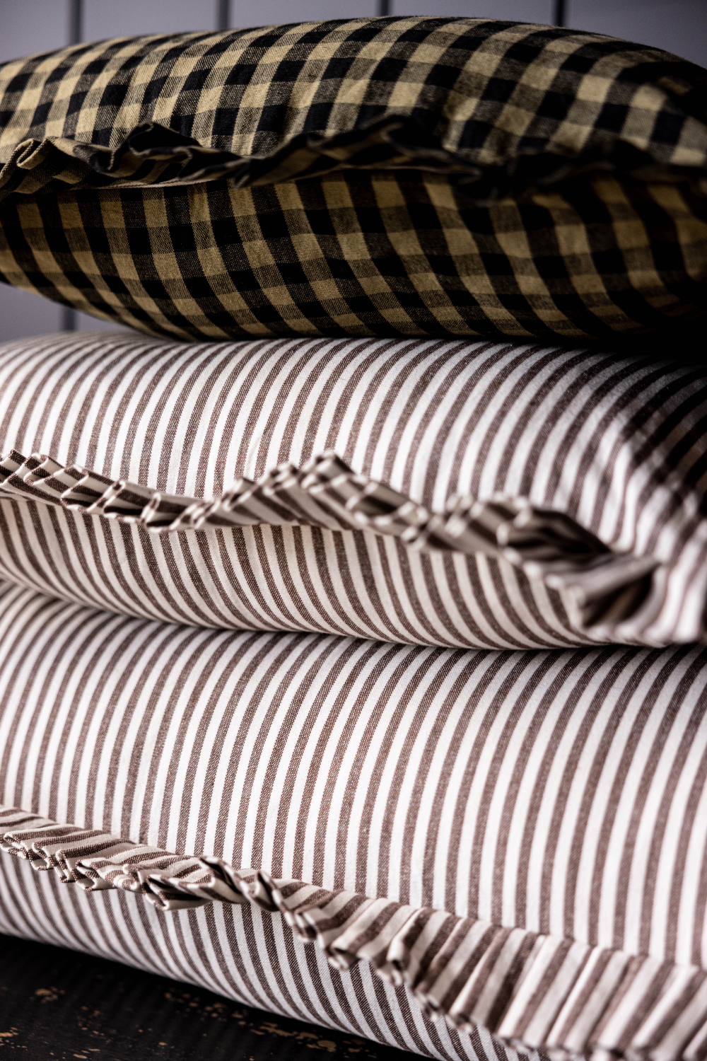 Luxe B Co - Wholesale Throw Pillow Cover - Ruffle Lumbar Pillow Cover Brown White Stripes2