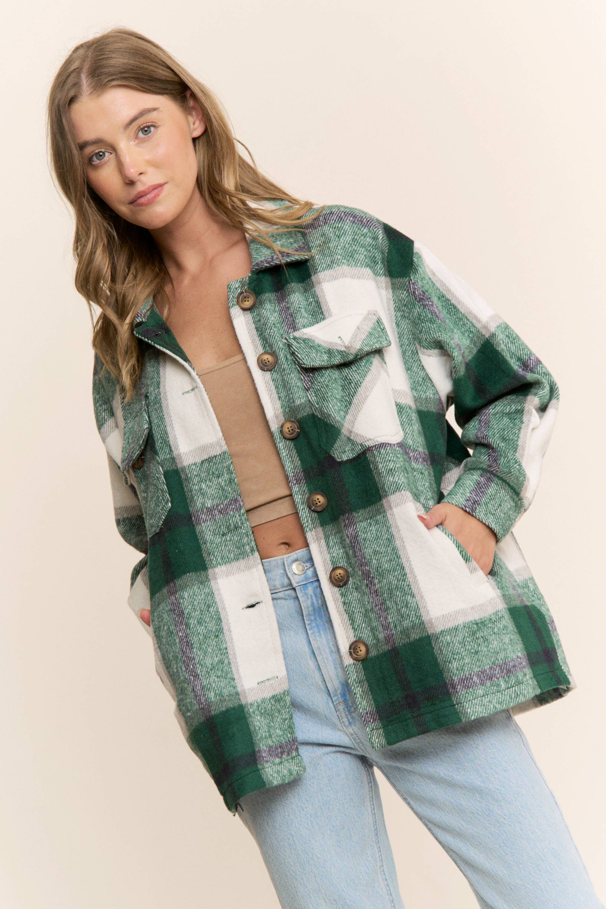 Sweet Generis - Wholesale Shirt Jacket/Shacket - Women's - FUZZY PLAID BUTTON DOWN FLANNEL SHIRT JACKET43