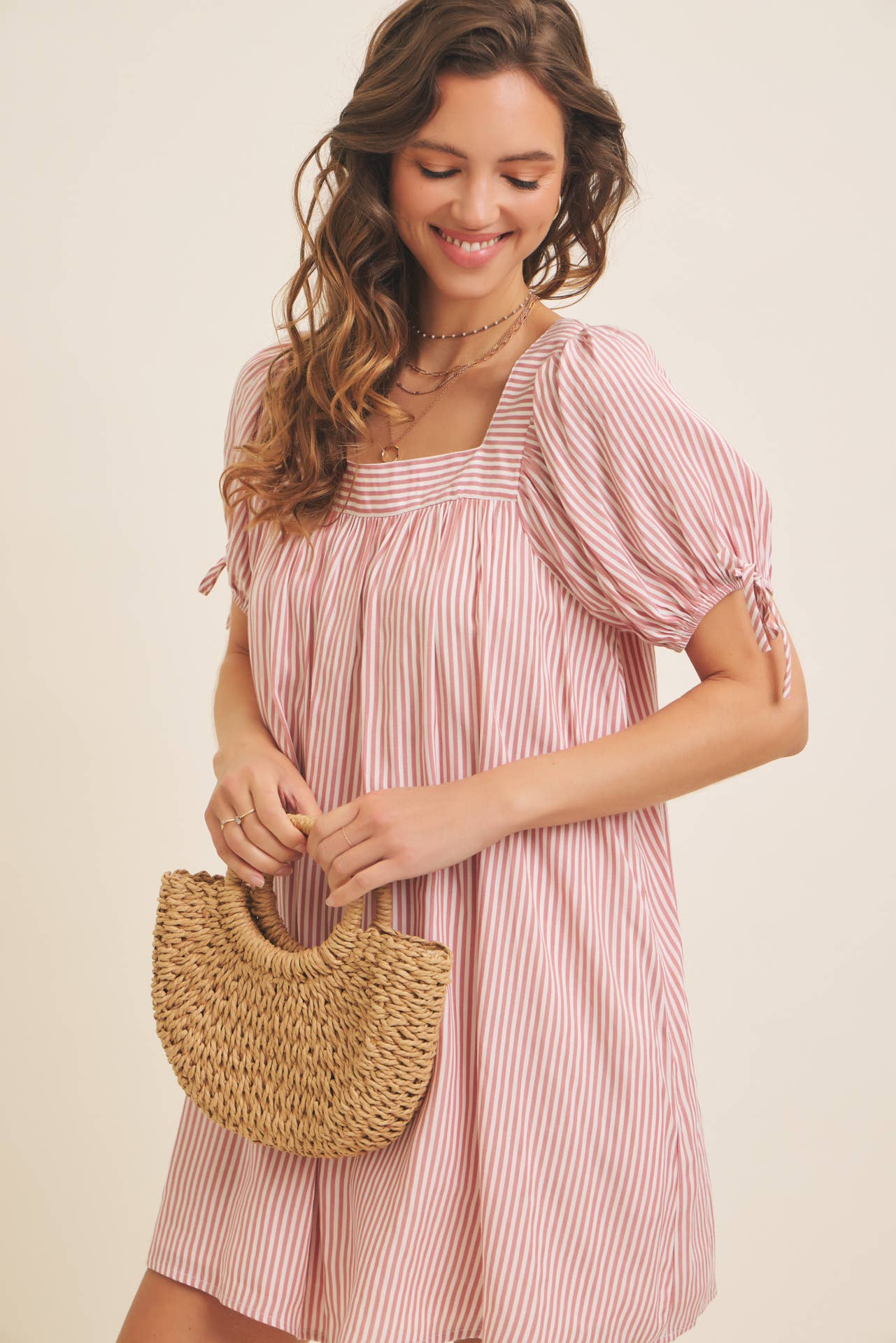 in february - Wholesale Dress - Women's - SQUARE NECK STRIPE FLARE MINI DRESS WITH BOW ON THE SLEEVES3