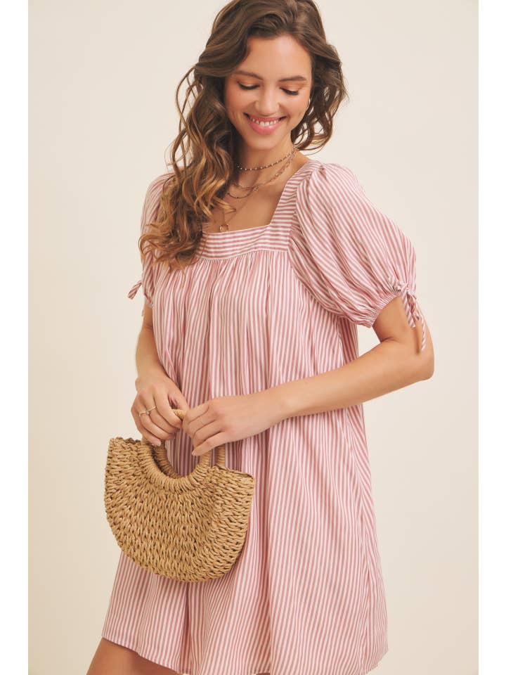 in february - Wholesale Dress - Women's - SQUARE NECK STRIPE FLARE MINI DRESS WITH BOW ON THE SLEEVES3