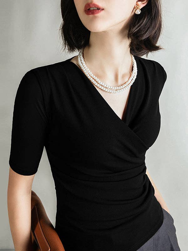 Mirazshoes WholeSale - Wholesale Blouse - Women's - Half Sleeves Skinny Pleated Solid Color V-Neck T-Shirts Tops10