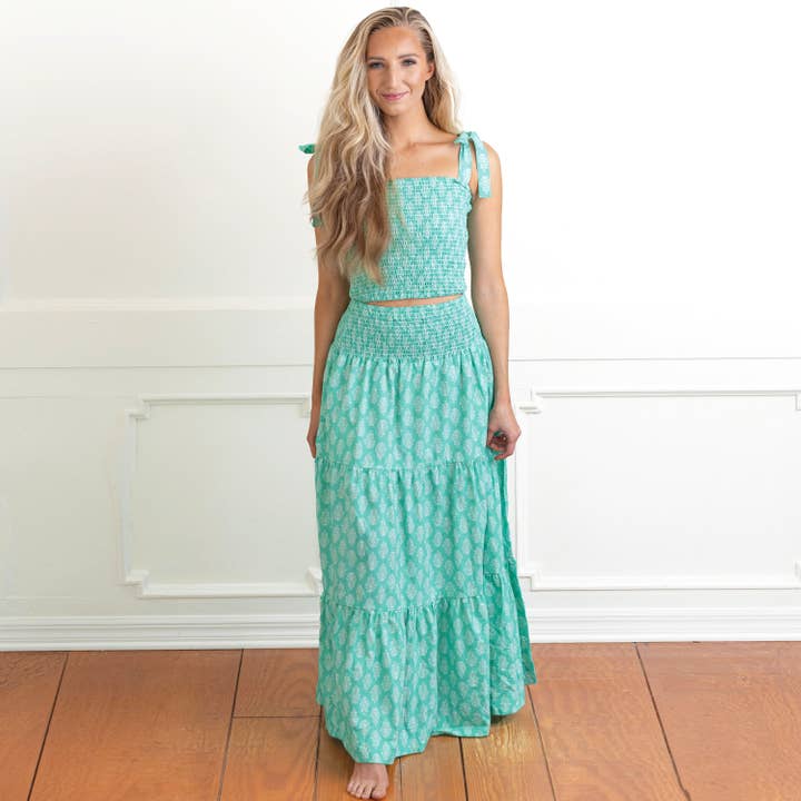Green Block Print Smocked Tie Top & Skirt Set for wholesale by 8 Oak Lane