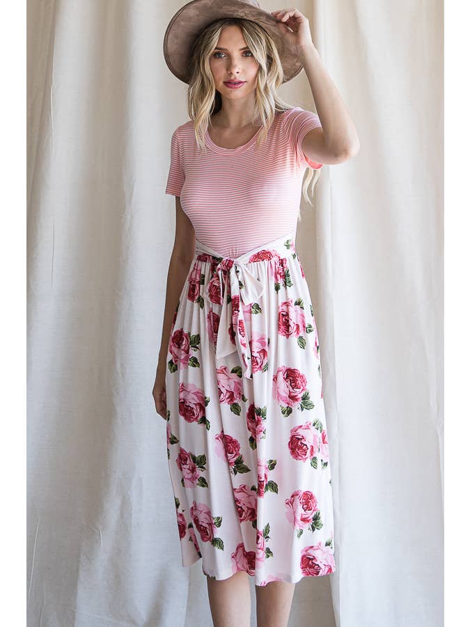 7th Ray - Wholesale Dress - Women's - Floral Waist Tie Short Sleeve A-Line Midi Dress D41995