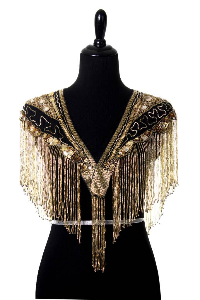 Western Fashion – wholesale Wrap – Women's – Beaded Shawl with Mirrors-Gold on Black1