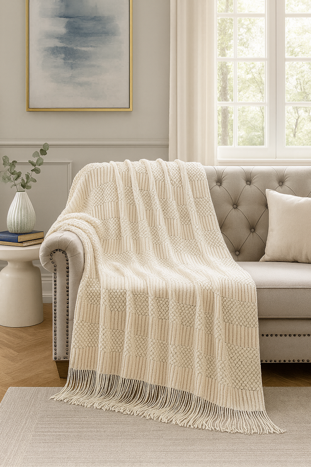 Fennco Styles – wholesale Throw blanket – Ivory Waffle Stripe 50x60 Inch Throw Blanket2