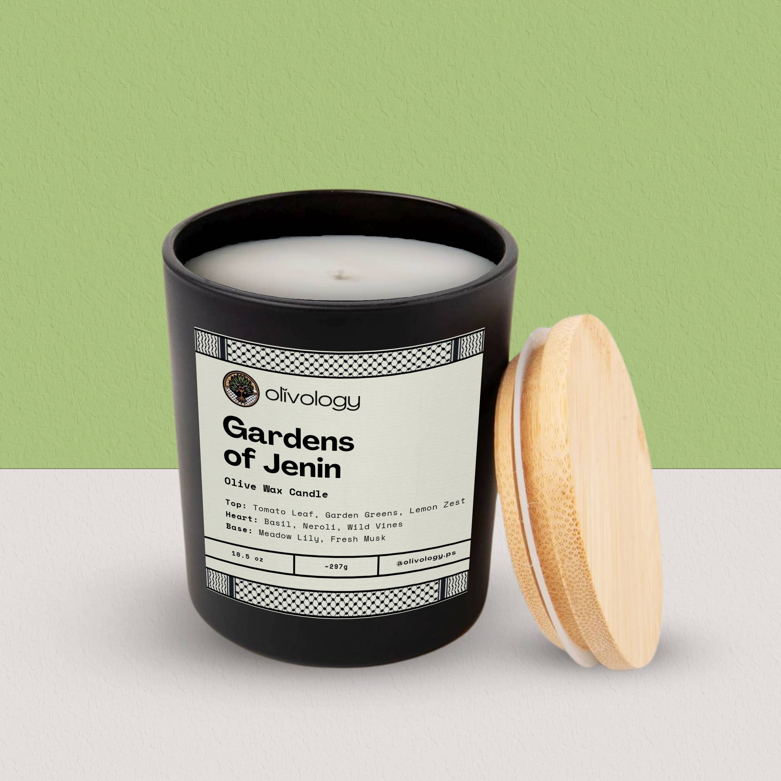 Olivology – Großhandel Kerze im Glas / gefüllte Kerze – Gärten von Jenin — Handgemachte Olivenwachskerze (298g)