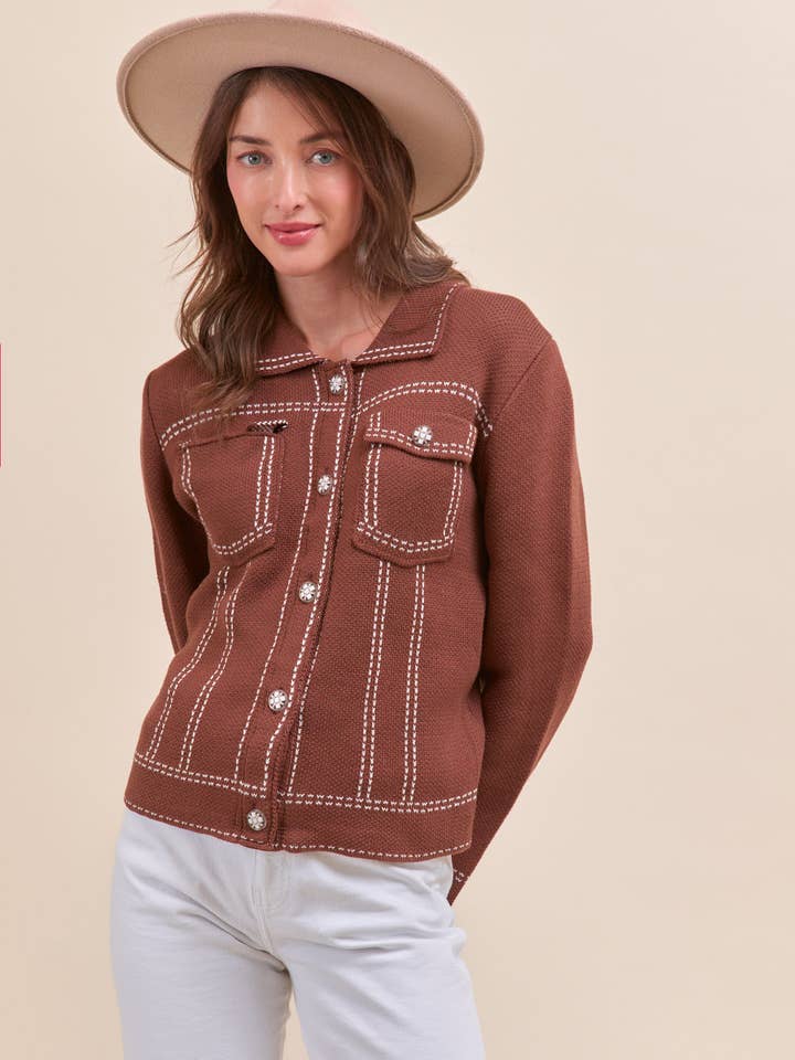 &MERCI - Wholesale Jacket - Women's - DENIM EFFECT KNIT SWEATER JACKET MSW111301