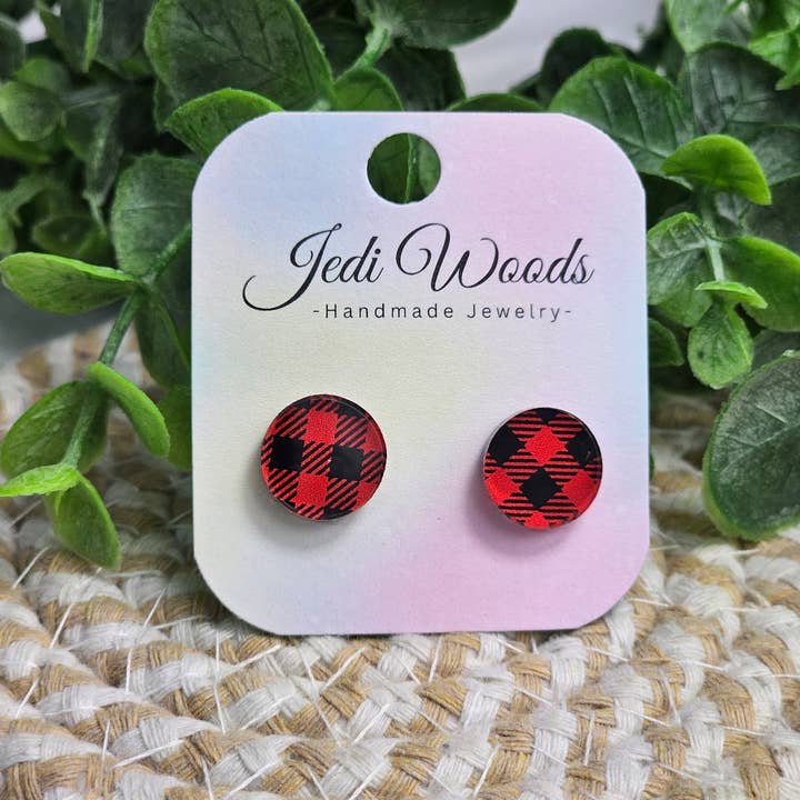 Jedi Woods LLC - Vente Clous d'oreille - Clous d'oreilles ronds à carreaux en forme de buffle rouge et noir