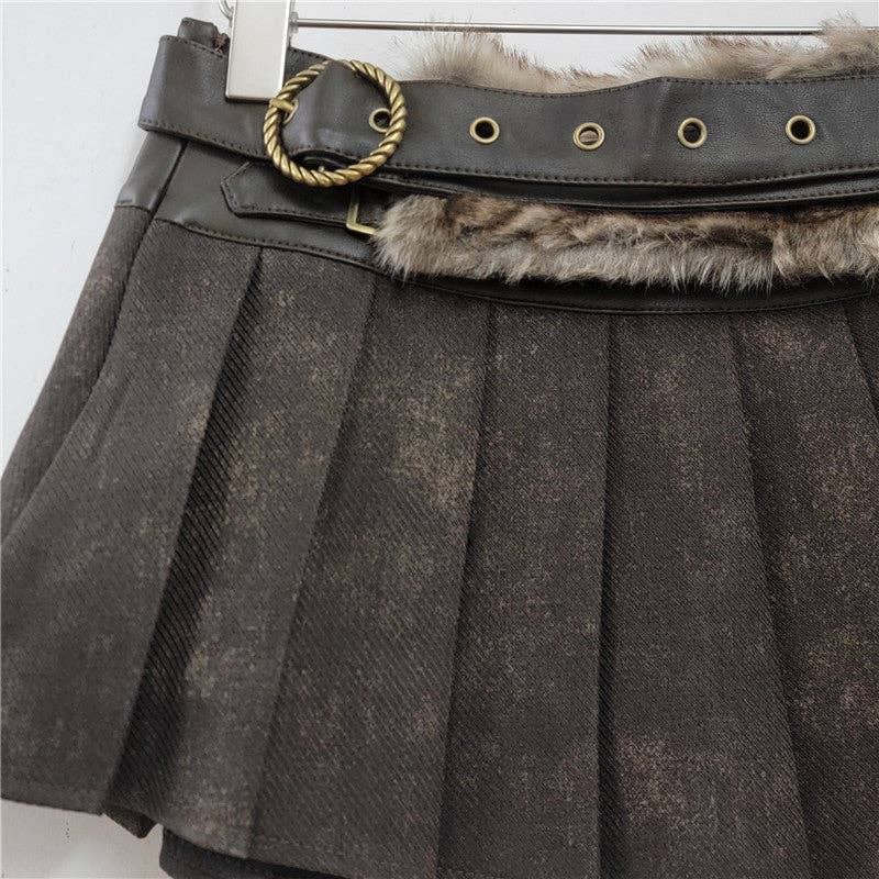 Mocha M207 Fur-Belted Pleated Low Waist Skirt Autumn/Winter for wholesale on Faire2
