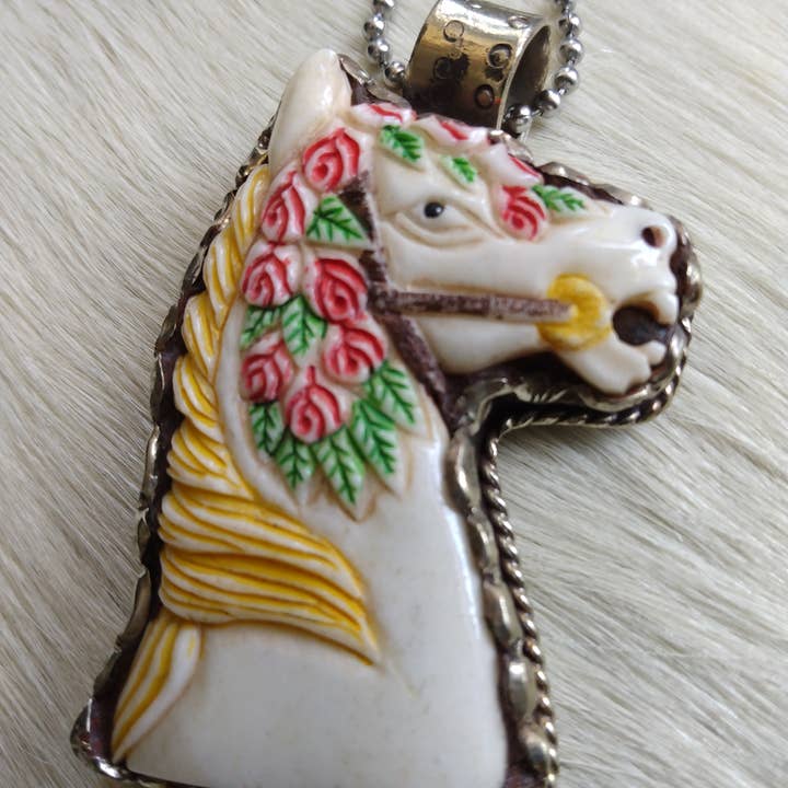 Carved Horn Horse Tibetan Silver Pendant + Chain for wholesale by Norahz Boutique