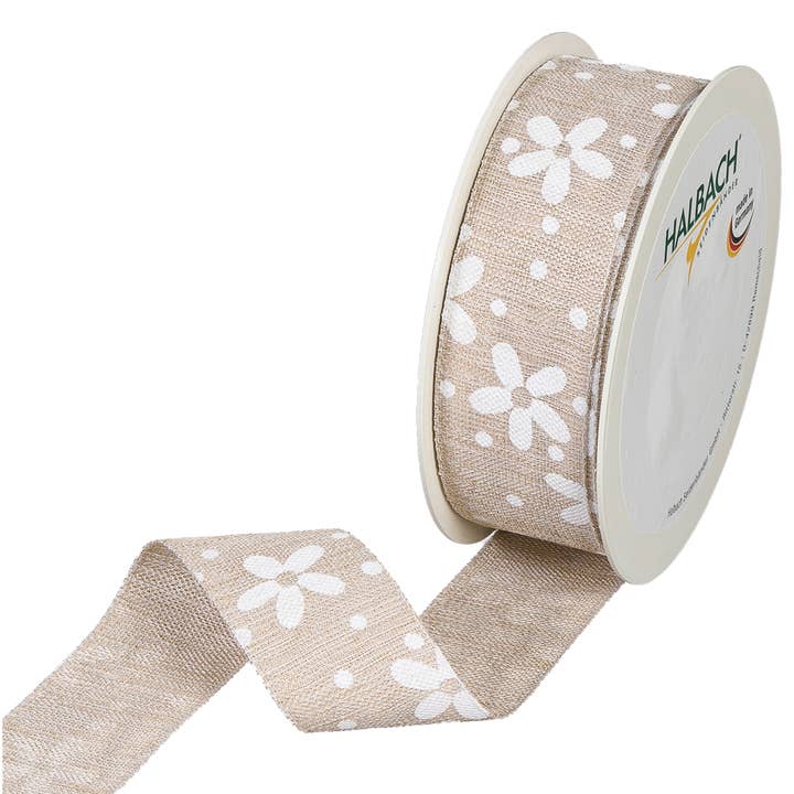 Printed ribbon flowers/dots, W35mm, L15m, natural for wholesale by Vosteen