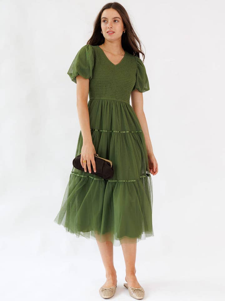 Real Romance Green Short Sleeve Midi Length Tulle Dress for wholesale by Downeast