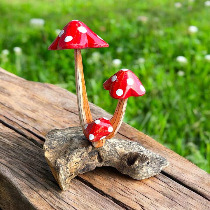 Wooden Triple Mushrooms On Driftwood Base 3 Red Mushrooms for wholesale by OMA - Eclectic Home